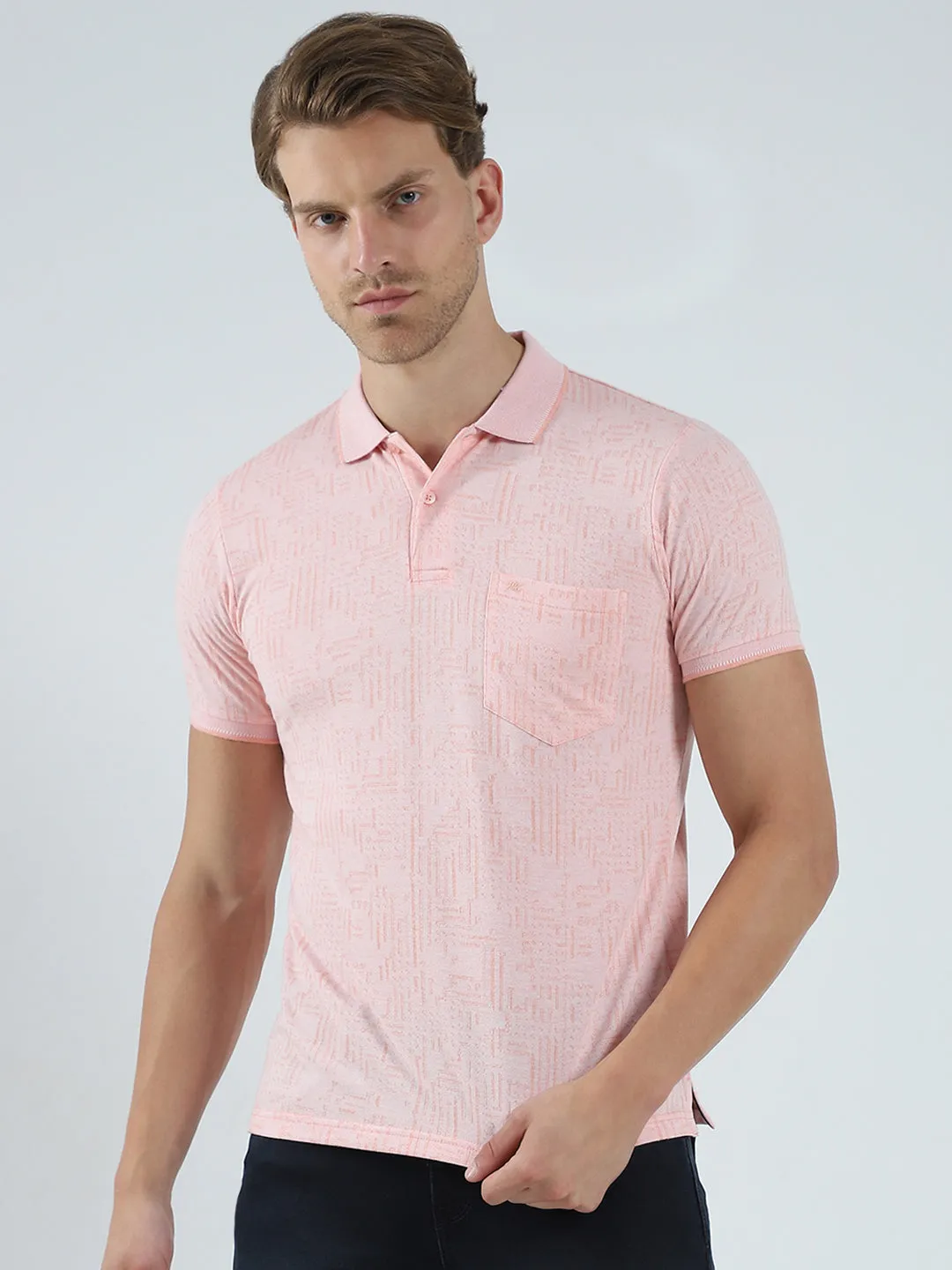Men Peach Self Design Collar Half Sleeve T-Shirt sold by Monte Carlo
