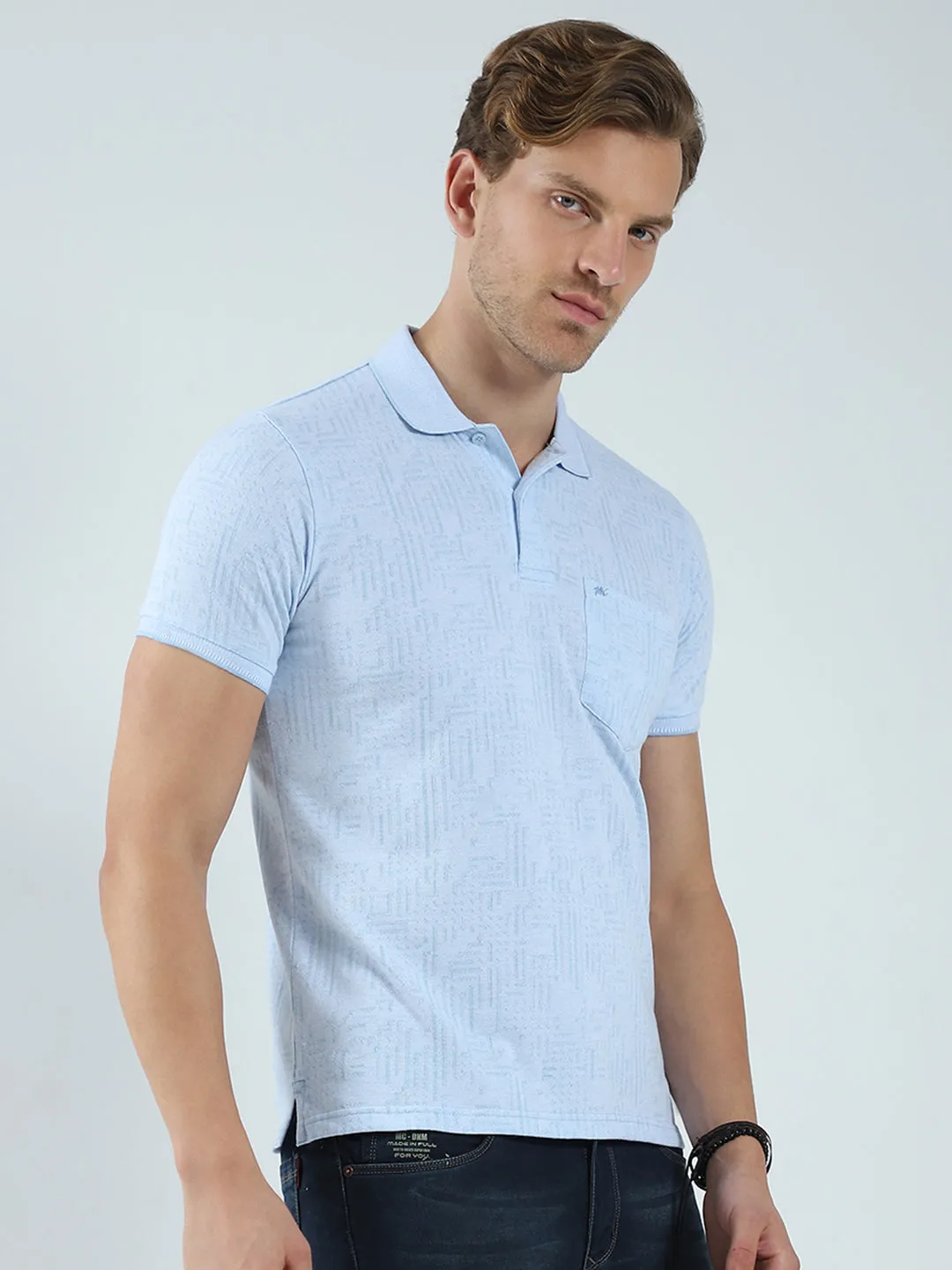 Men Blue Self Design Collar Half Sleeve T-Shirt sold by Monte Carlo product image thumbnail 4