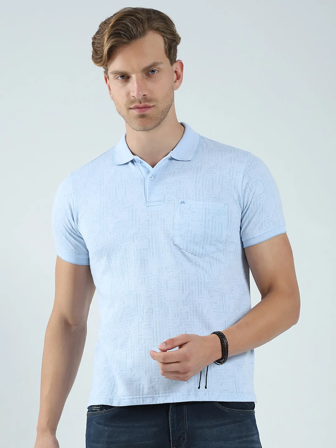 Men Blue Self Design Collar Half Sleeve T-Shirt sold by Monte Carlo