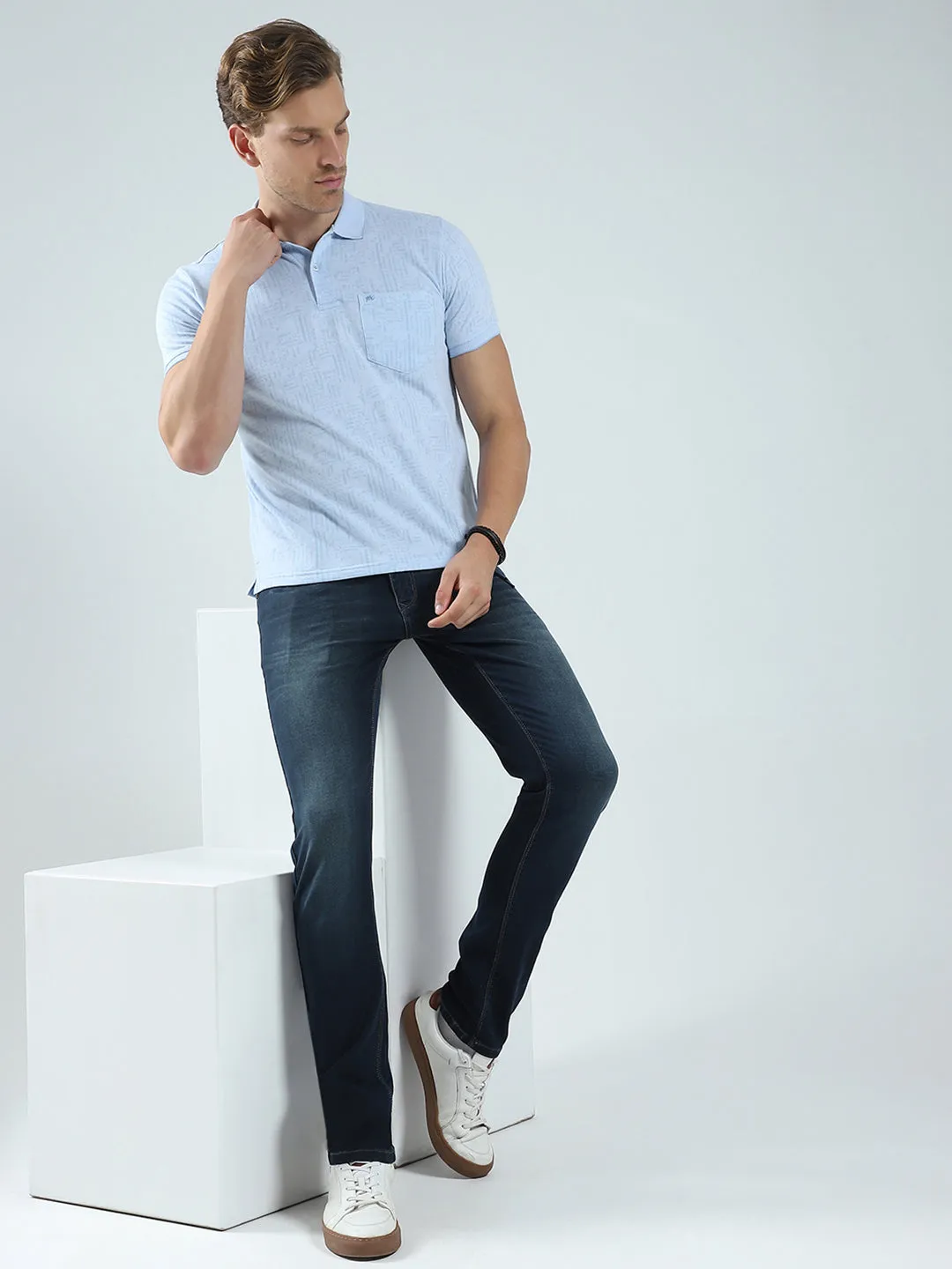 Men Blue Self Design Collar Half Sleeve T-Shirt sold by Monte Carlo product image thumbnail 2