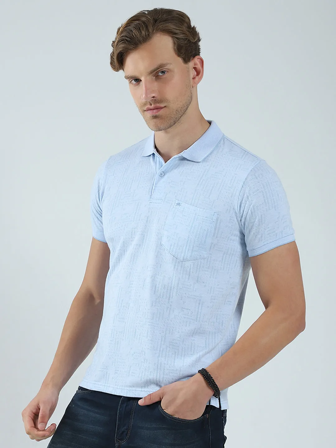 Men Blue Self Design Collar Half Sleeve T-Shirt sold by Monte Carlo product image thumbnail 3
