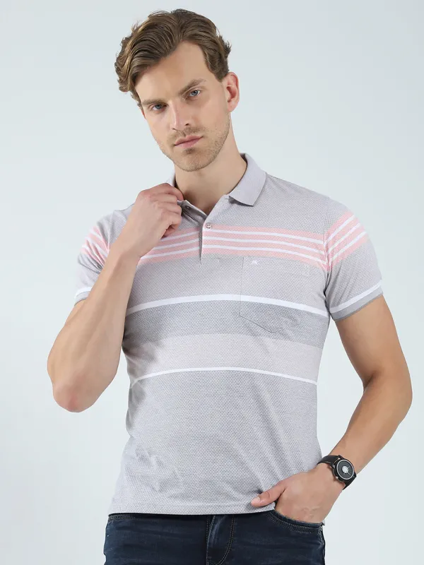 Men Grey Stripe Collar Half Sleeve T-Shirt made by Monte Carlo