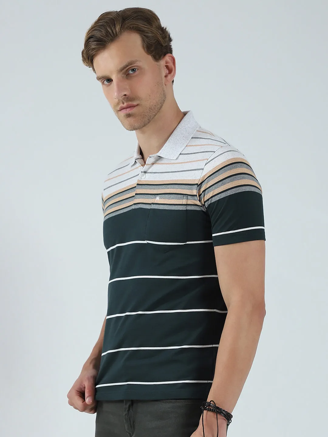 Men Green Stripe Collar Half Sleeve T-Shirt sold by Monte Carlo product image thumbnail 3