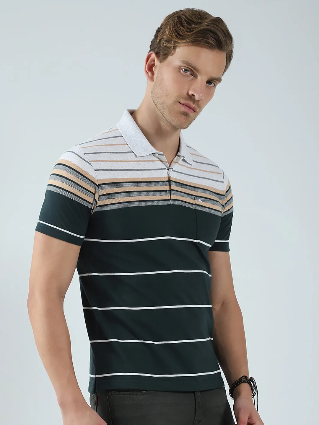 Men Green Stripe Collar Half Sleeve T-Shirt sold by Monte Carlo product image thumbnail 4