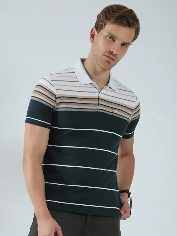 Men Green Stripe Collar Half Sleeve T-Shirt made by Monte Carlo