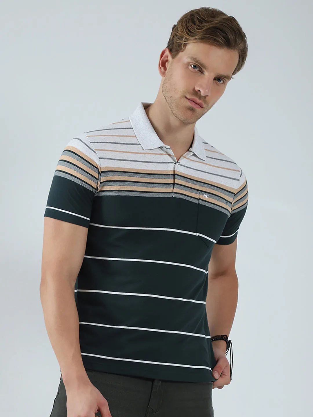 Men Green Stripe Collar Half Sleeve T-Shirt sold by Monte Carlo