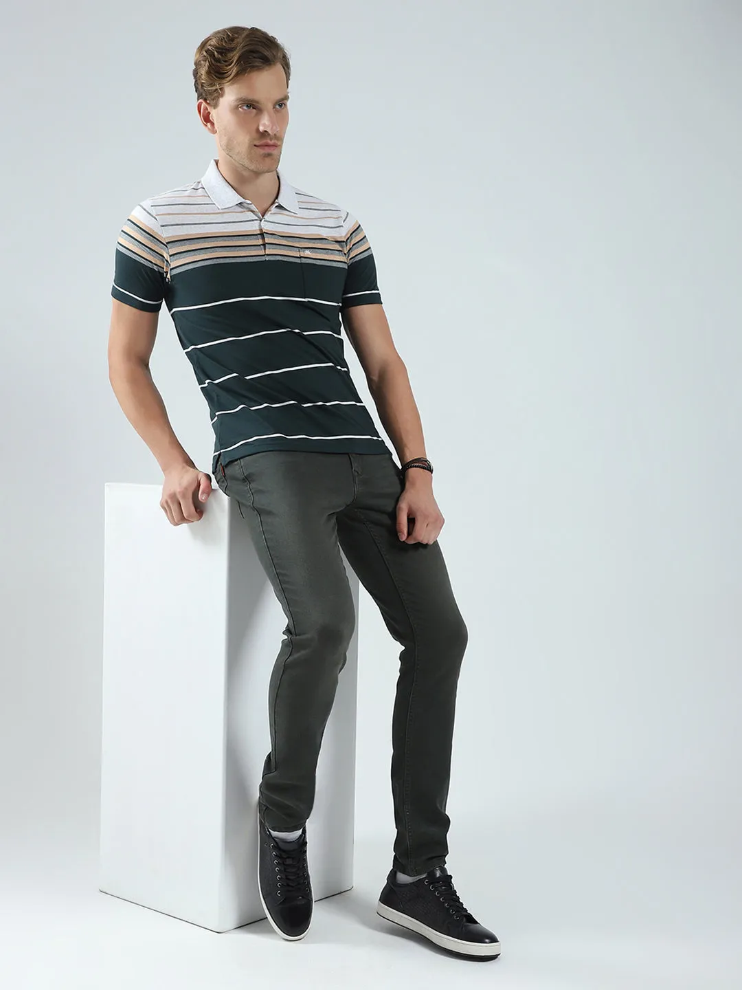 Men Green Stripe Collar Half Sleeve T-Shirt sold by Monte Carlo product image thumbnail 2