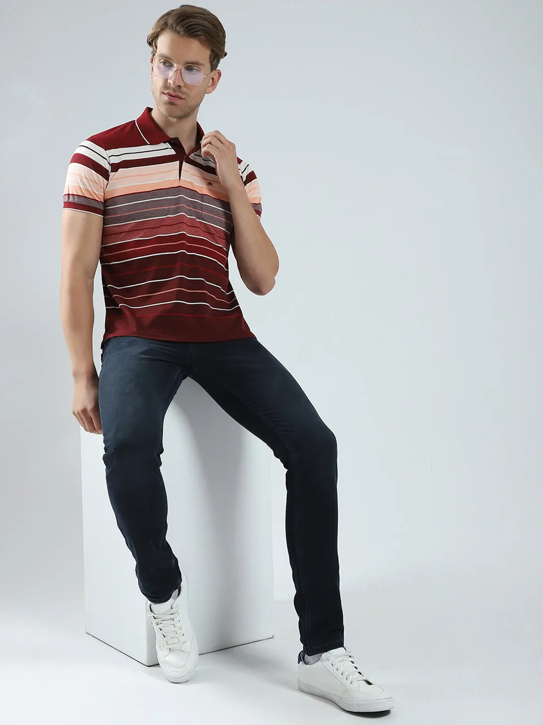 Men Maroon Stripe Collar Half Sleeve T-Shirt sold by Monte Carlo product image thumbnail 2