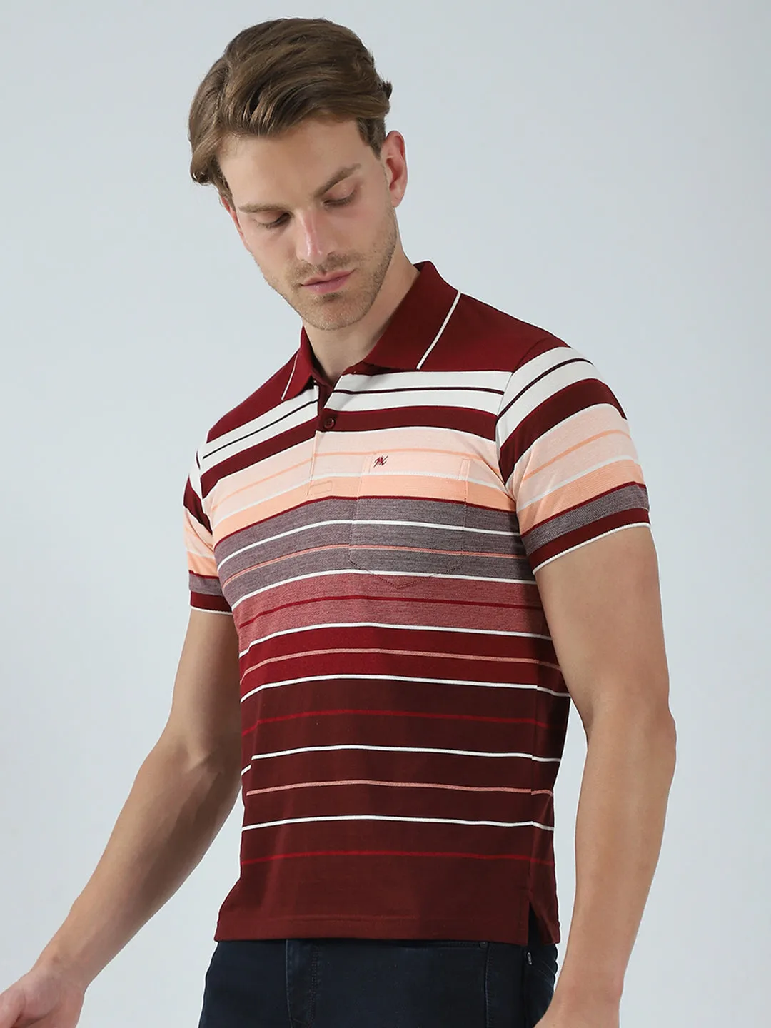 Men Maroon Stripe Collar Half Sleeve T-Shirt sold by Monte Carlo product image thumbnail 3