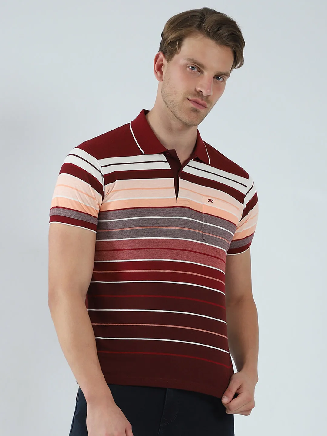 Men Maroon Stripe Collar Half Sleeve T-Shirt sold by Monte Carlo