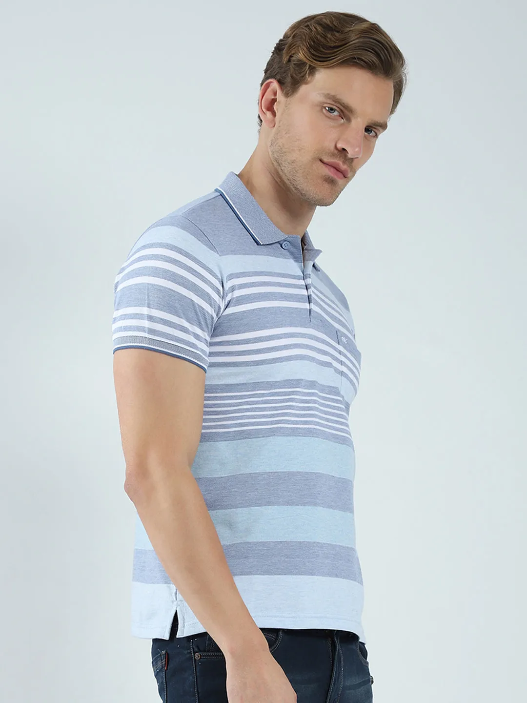 Men Blue Stripe Collar Half Sleeve T-Shirt sold by Monte Carlo product image thumbnail 4