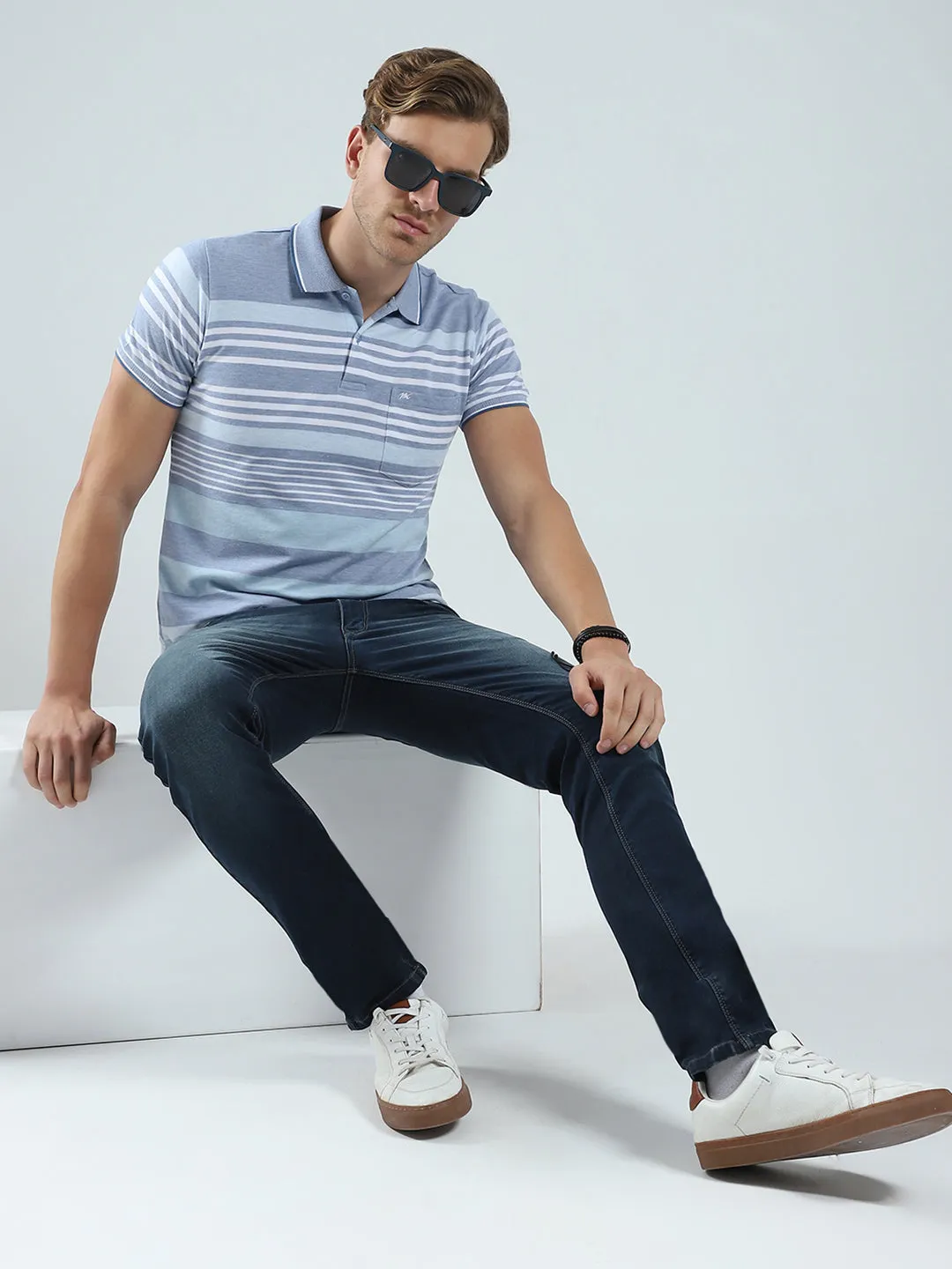 Men Blue Stripe Collar Half Sleeve T-Shirt sold by Monte Carlo product image thumbnail 2