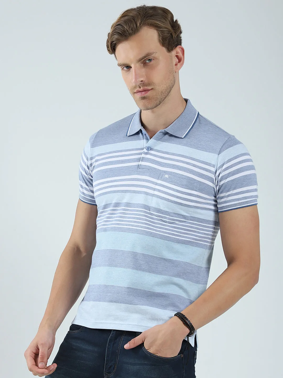Men Blue Stripe Collar Half Sleeve T-Shirt sold by Monte Carlo product image thumbnail 3