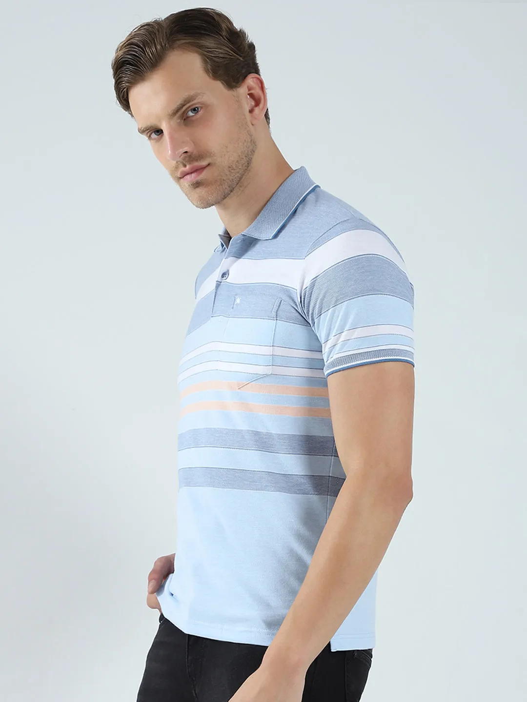Men Blue Stripe Collar Half Sleeve T-Shirt sold by Monte Carlo product image thumbnail 3