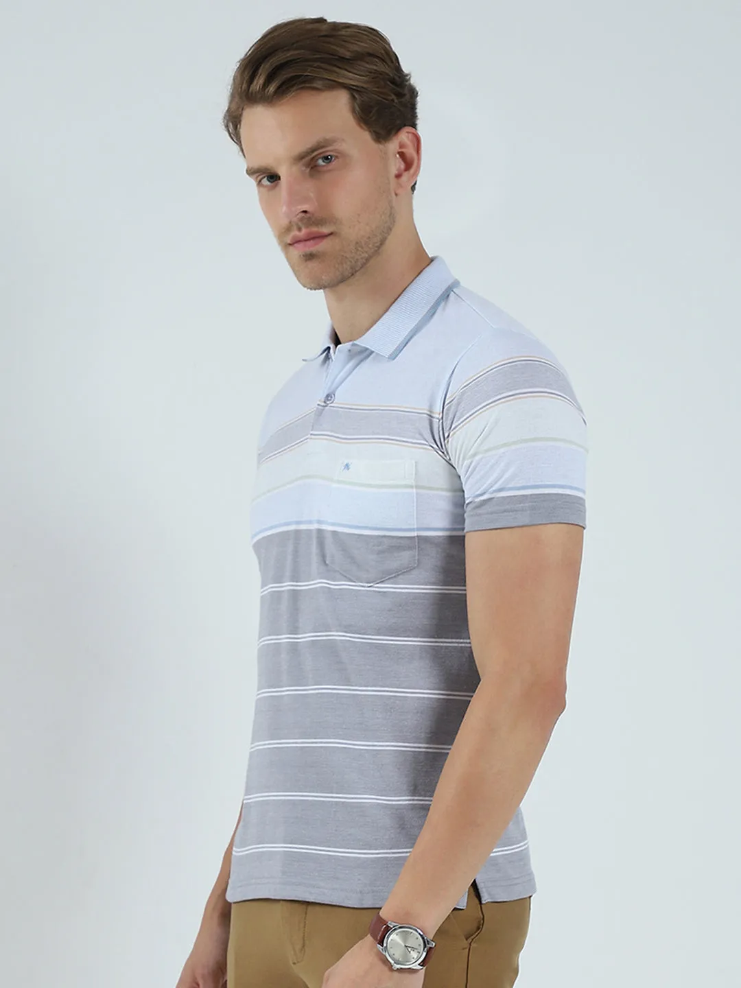 Men Blue Stripe Collar Half Sleeve T-Shirt sold by Monte Carlo product image thumbnail 3