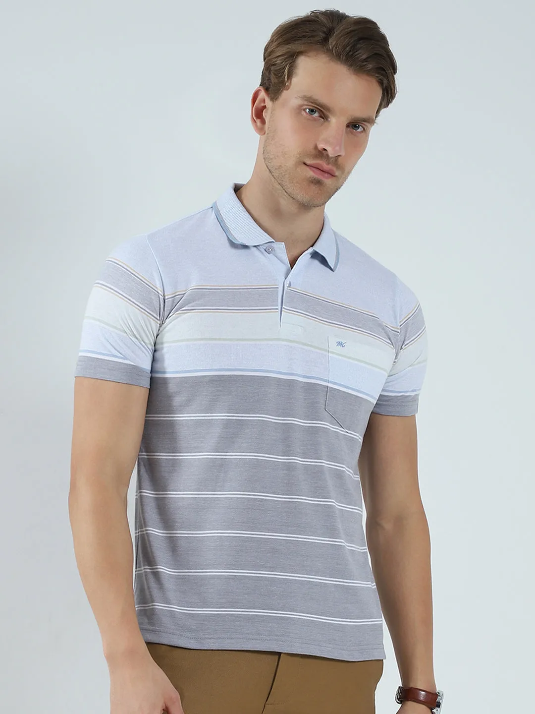 Men Blue Stripe Collar Half Sleeve T-Shirt sold by Monte Carlo