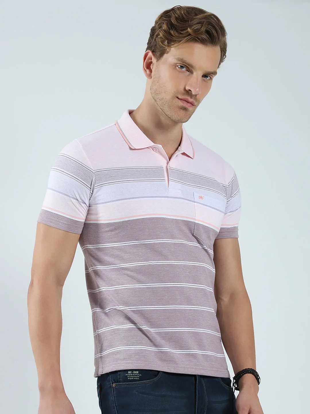 Men Pink Stripe Collar Half Sleeve T-Shirt sold by Monte Carlo product image thumbnail 4