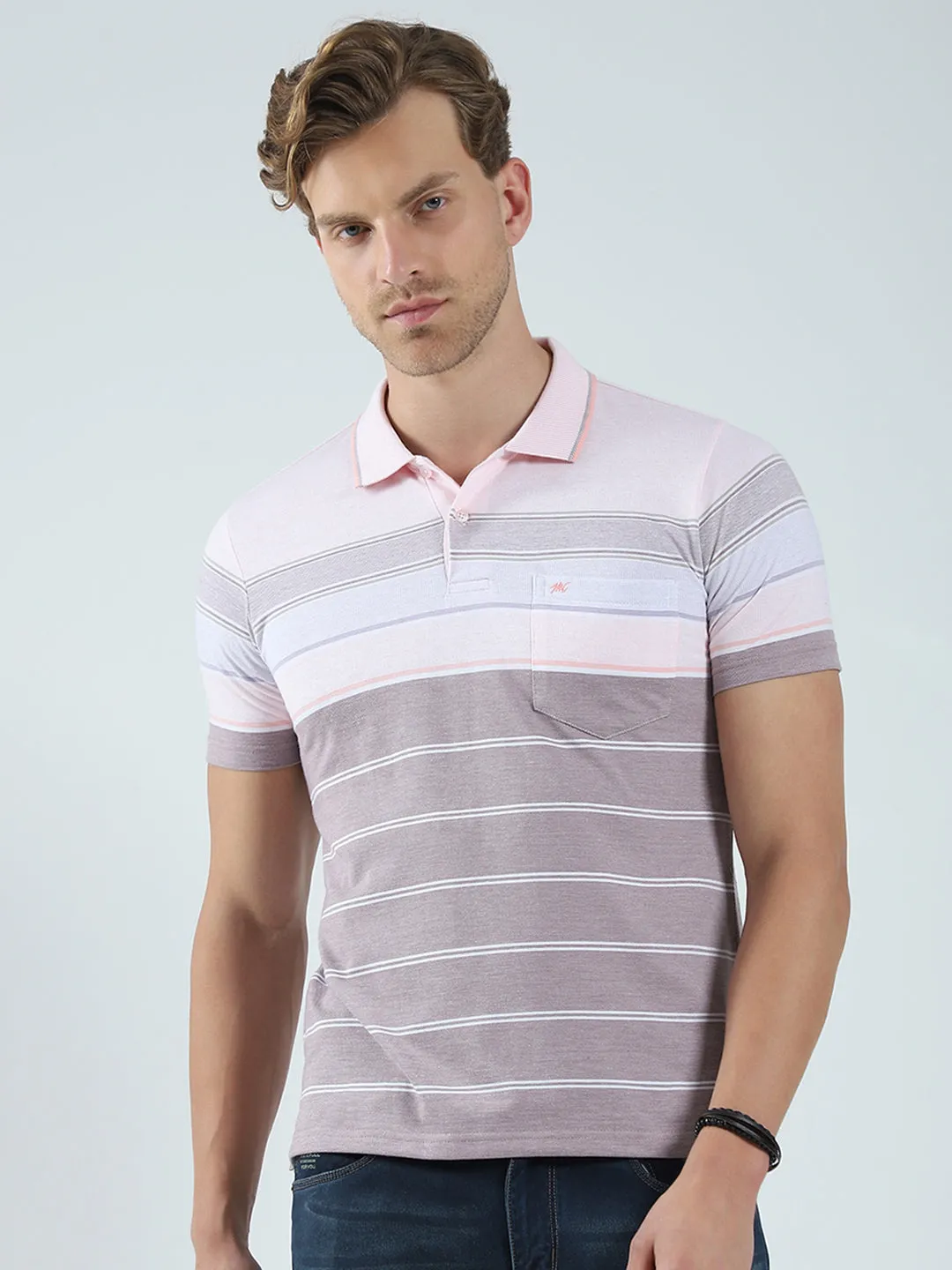 Men Pink Stripe Collar Half Sleeve T-Shirt sold by Monte Carlo