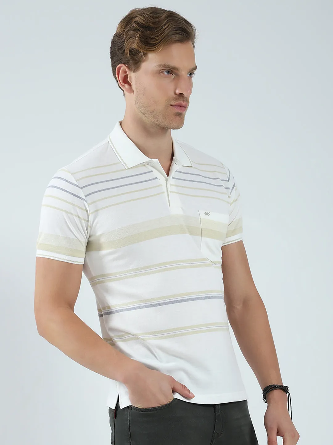 Men Beige Stripe Collar Half Sleeve T-Shirt sold by Monte Carlo product image thumbnail 4