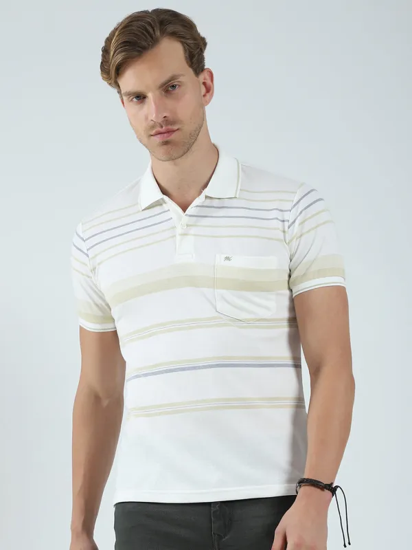 Men Beige Stripe Collar Half Sleeve T-Shirt made by Monte Carlo