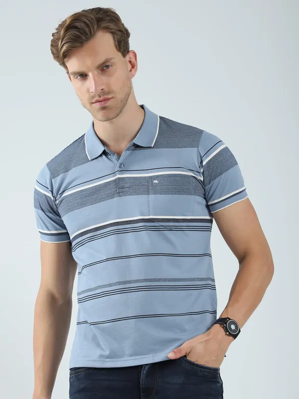 Men Blue Stripe Collar Half Sleeve T-Shirt made by Monte Carlo