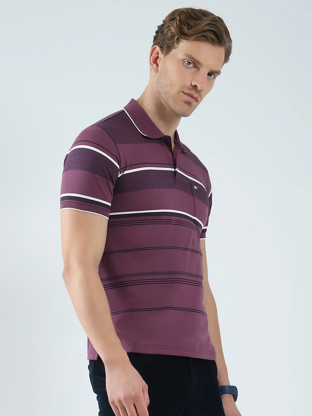 Men Purple Stripe Collar Half Sleeve T-Shirt sold by Monte Carlo product image thumbnail 4