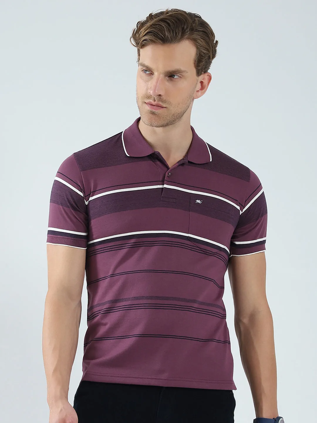 Men Purple Stripe Collar Half Sleeve T-Shirt sold by Monte Carlo