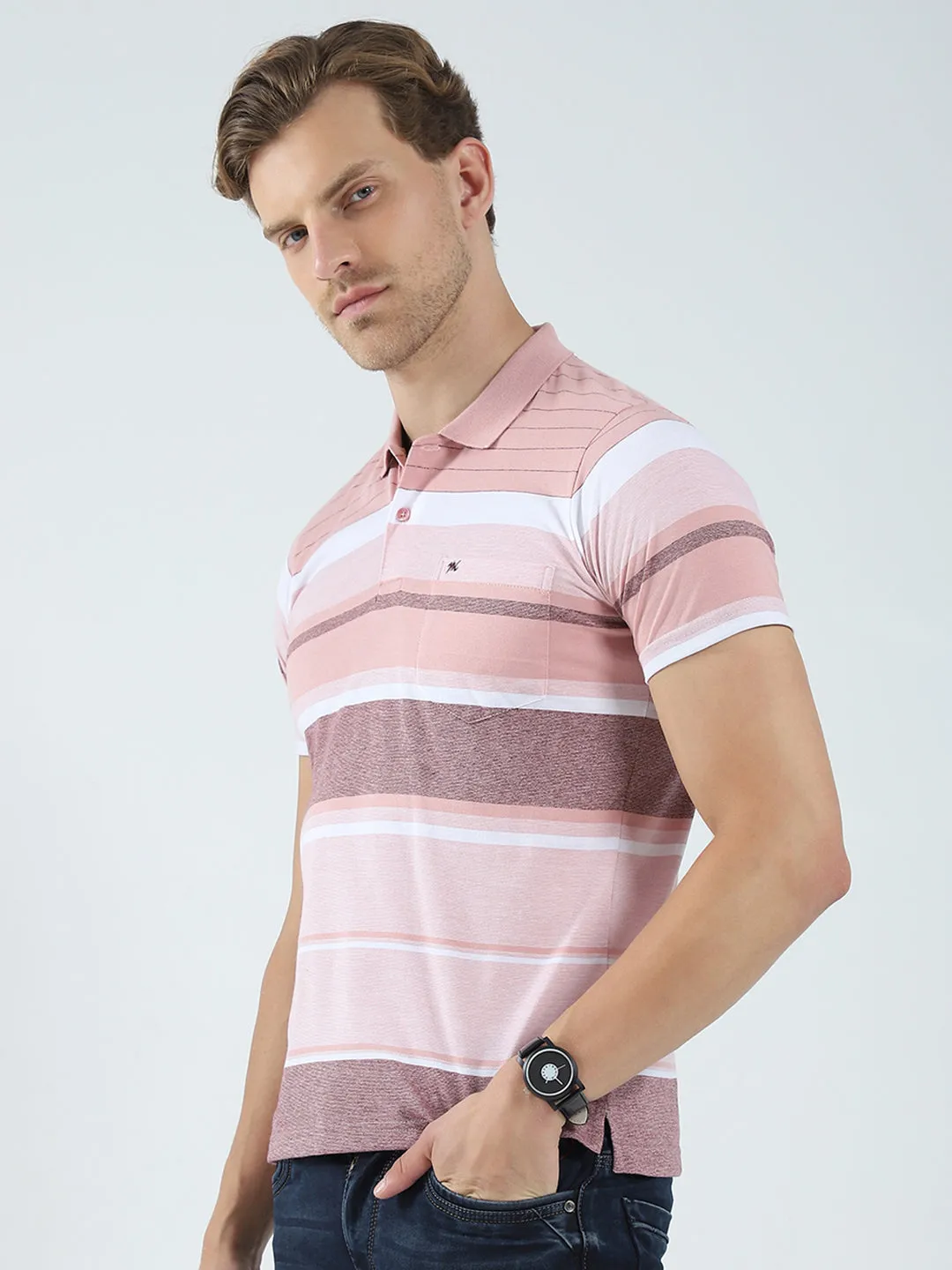 Men Peach Stripe Collar Half Sleeve T-Shirt sold by Monte Carlo product image thumbnail 3