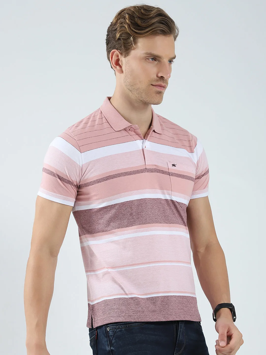 Men Peach Stripe Collar Half Sleeve T-Shirt sold by Monte Carlo product image thumbnail 4