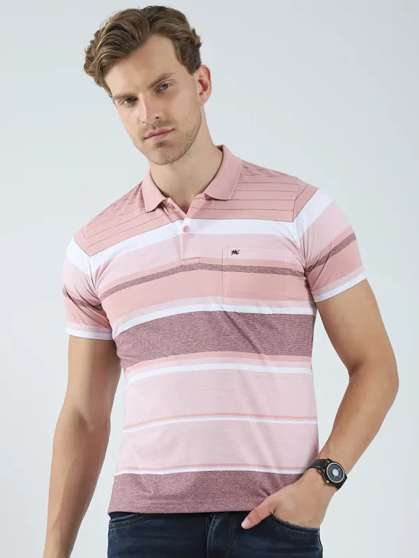 Men Peach Stripe Collar Half Sleeve T-Shirt made by Monte Carlo