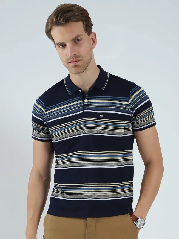 Men Navy Blue Stripe Collar Half Sleeve T-Shirt made by Monte Carlo