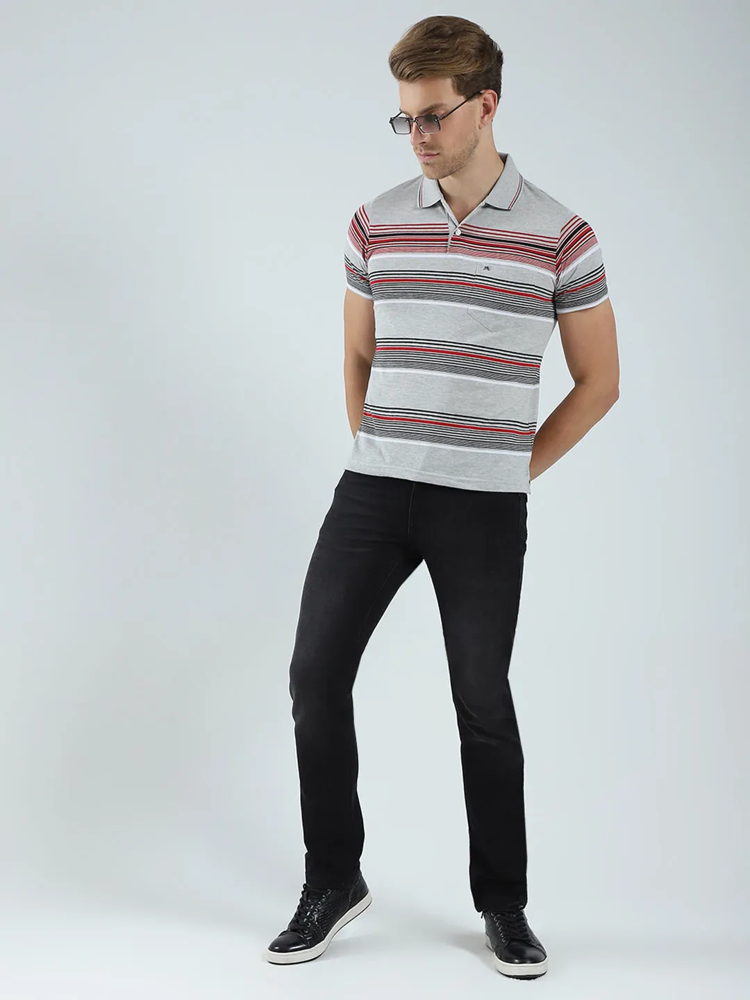 Men Grey Stripe Collar Half Sleeve T-Shirt sold by Monte Carlo product image thumbnail 2