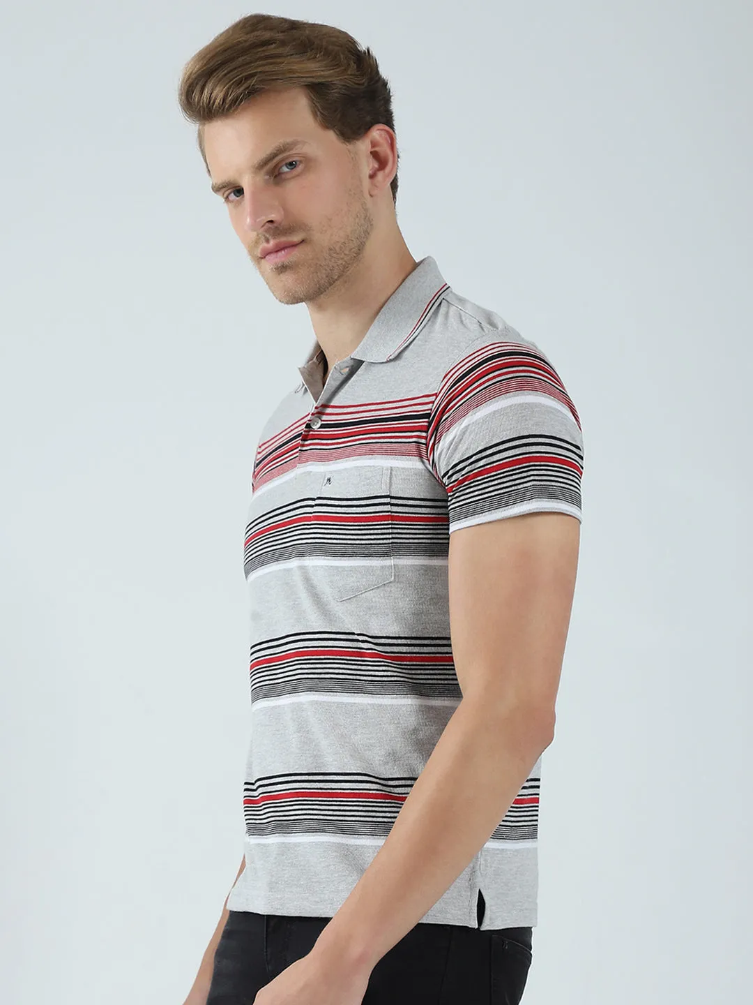 Men Grey Stripe Collar Half Sleeve T-Shirt sold by Monte Carlo product image thumbnail 3