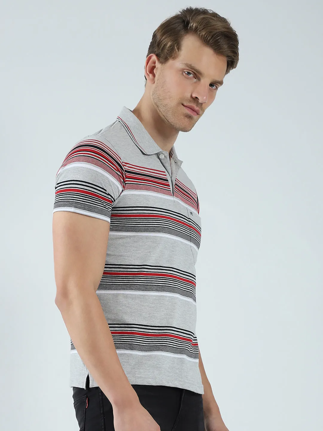 Men Grey Stripe Collar Half Sleeve T-Shirt sold by Monte Carlo product image thumbnail 4