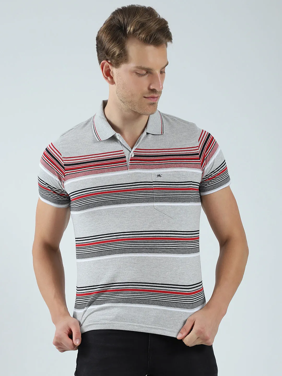 Men Grey Stripe Collar Half Sleeve T-Shirt sold by Monte Carlo
