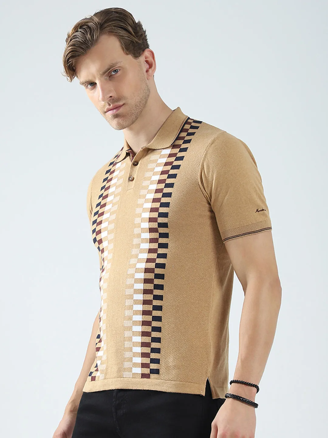 Men Camel Brown Printed Collar Half Sleeve T-Shirt sold by Monte Carlo product image thumbnail 3