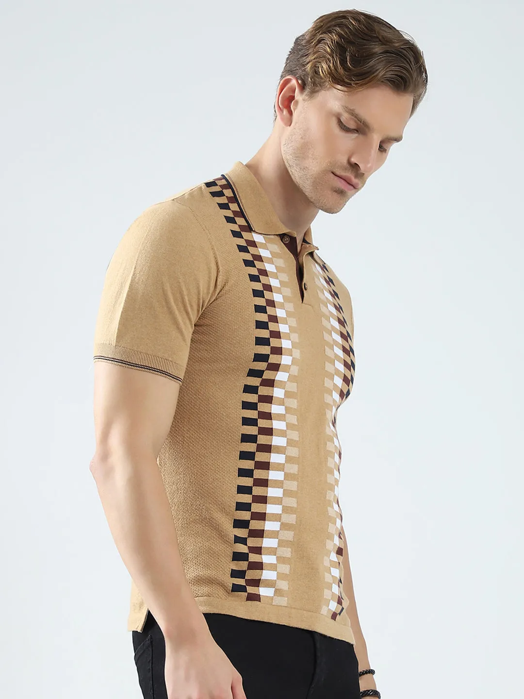 Men Camel Brown Printed Collar Half Sleeve T-Shirt sold by Monte Carlo product image thumbnail 4