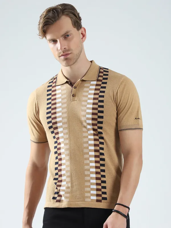 Men Camel Brown Printed Collar Half Sleeve T-Shirt sold by Monte Carlo