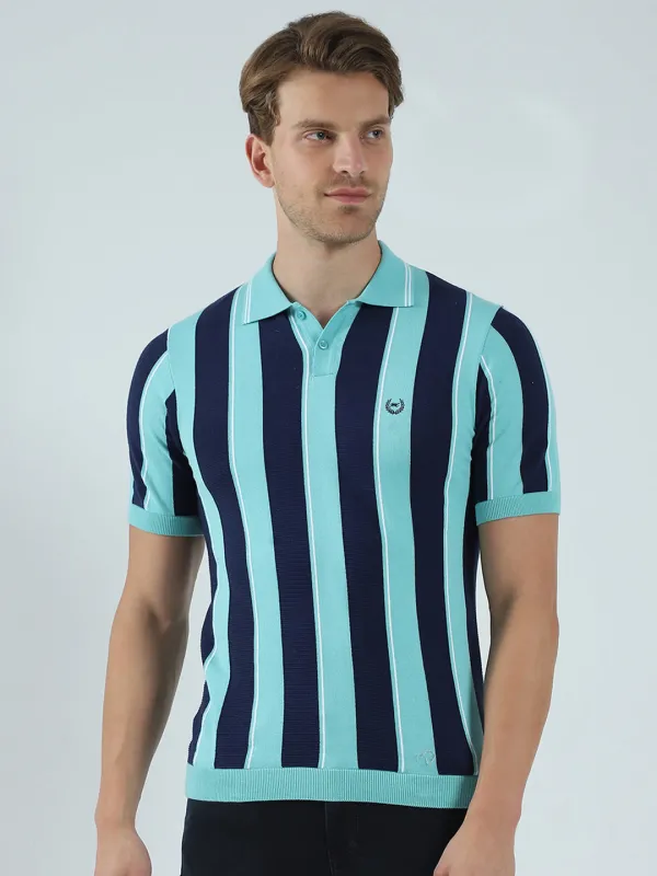 Men Green Stripe Collar Half Sleeve T-Shirt made by Monte Carlo