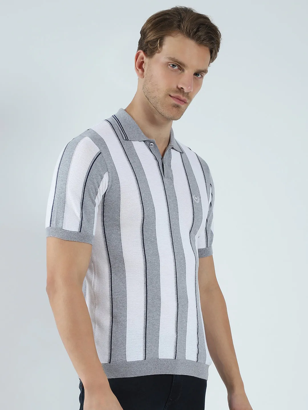 Men Grey Stripe Collar Half Sleeve T-Shirt sold by Monte Carlo product image thumbnail 4