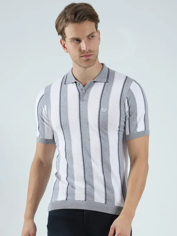 Men Grey Stripe Collar Half Sleeve T-Shirt made by Monte Carlo