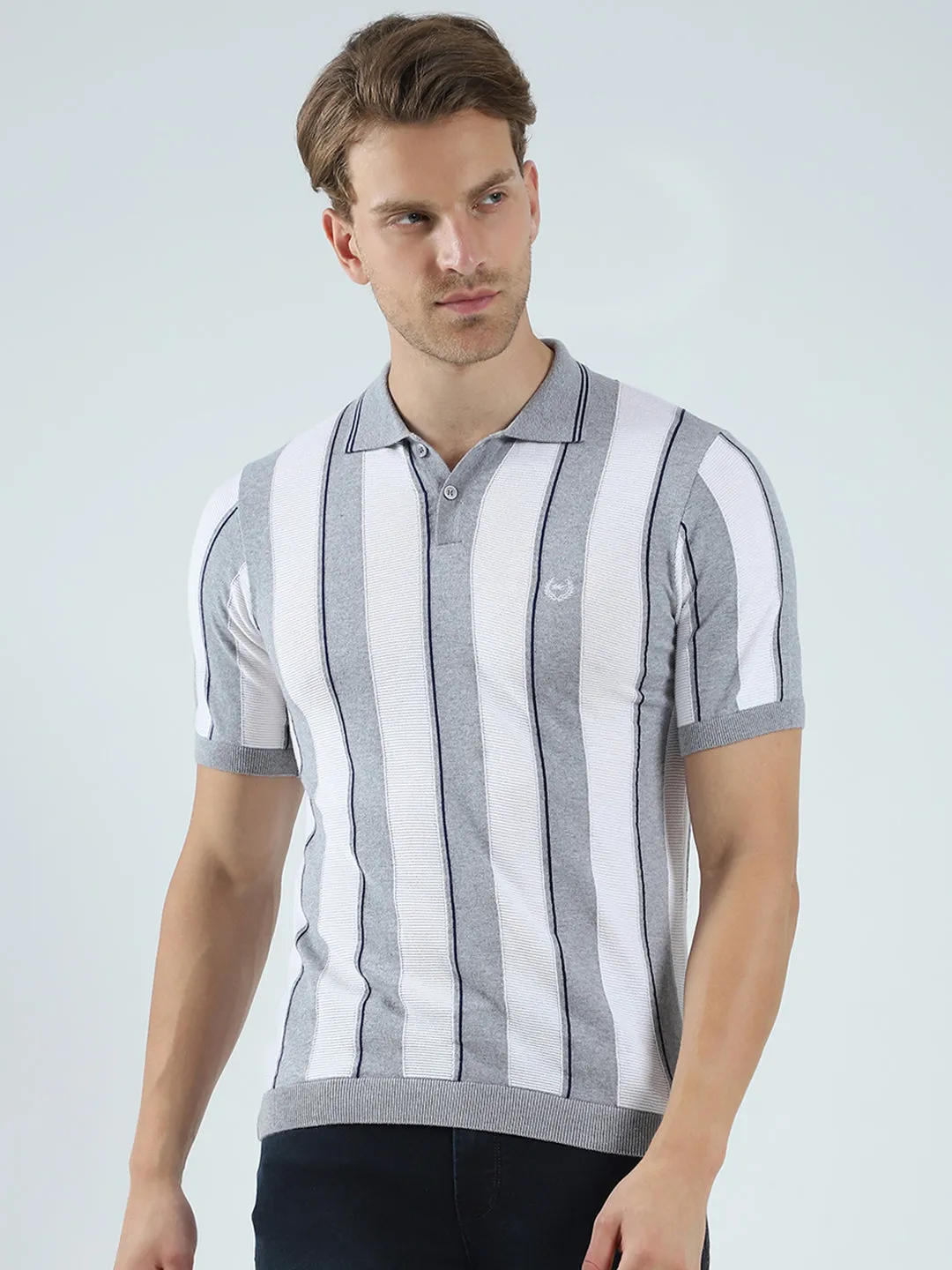Men Grey Stripe Collar Half Sleeve T-Shirt sold by Monte Carlo
