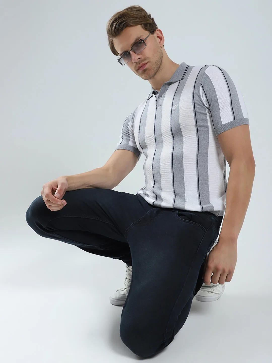 Men Grey Stripe Collar Half Sleeve T-Shirt sold by Monte Carlo product image thumbnail 2