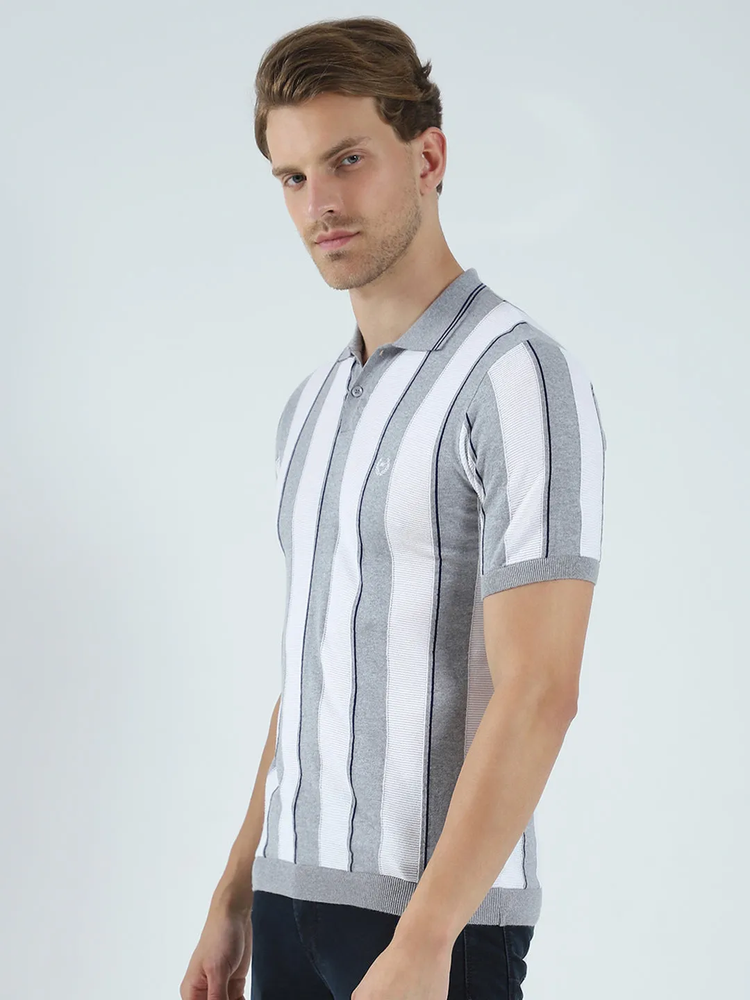 Men Grey Stripe Collar Half Sleeve T-Shirt sold by Monte Carlo product image thumbnail 3