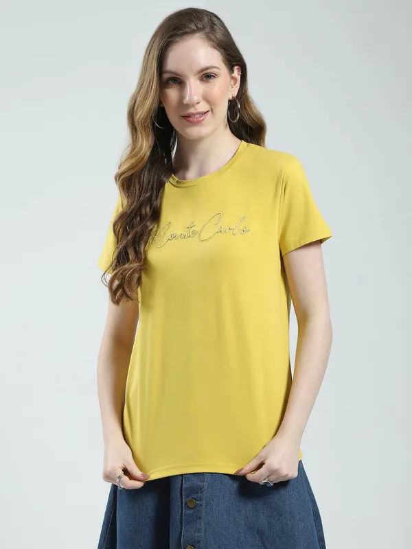 Women Mustard Solid Round Neck Half Sleeve Top sold by Monte Carlo
