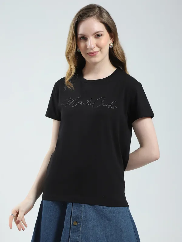 Women Black Solid Round Neck Half Sleeve Top sold by Monte Carlo