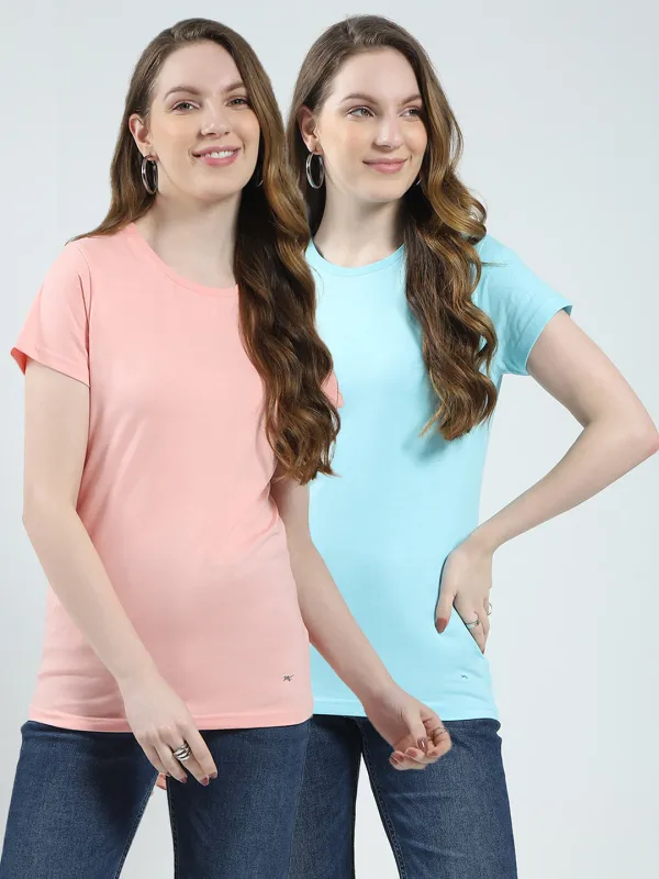 Women Peach & Blue Solid Round Neck Half Sleeve Top 2Pc Set sold by Monte Carlo