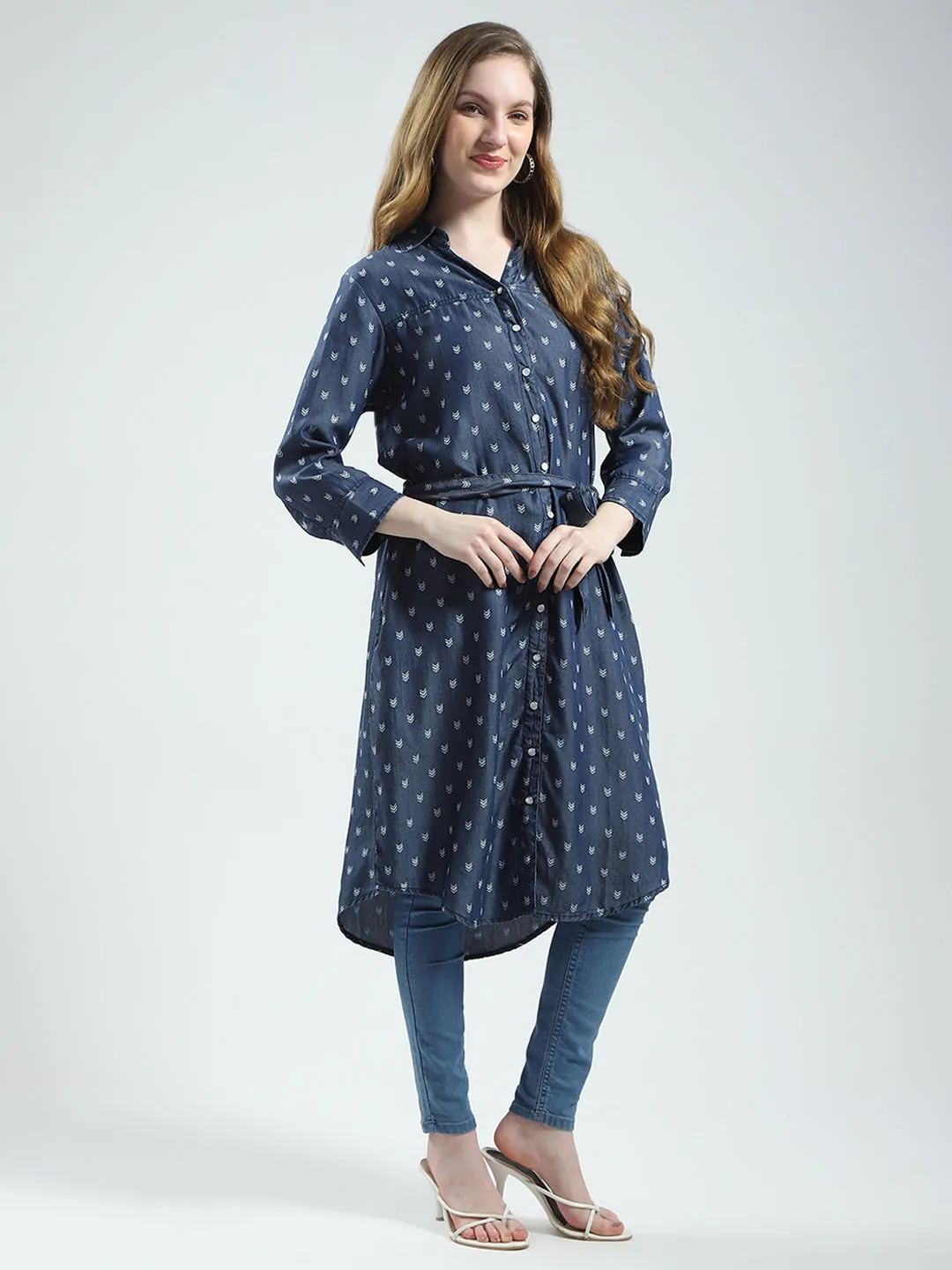 Women Blue Printed Collar 3/4th Sleeve Tunic sold by Monte Carlo product image thumbnail 4