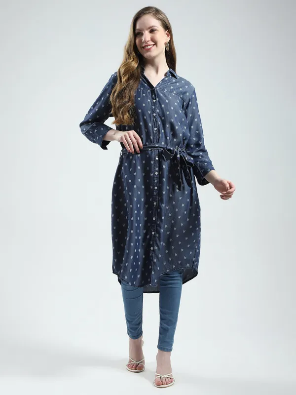 Women Blue Printed Collar 3/4th Sleeve Tunic sold by Monte Carlo