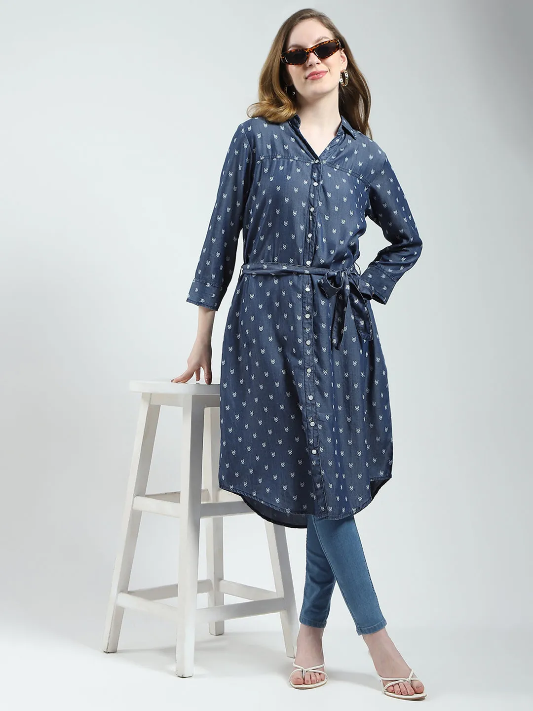 Women Blue Printed Collar 3/4th Sleeve Tunic sold by Monte Carlo product image thumbnail 2
